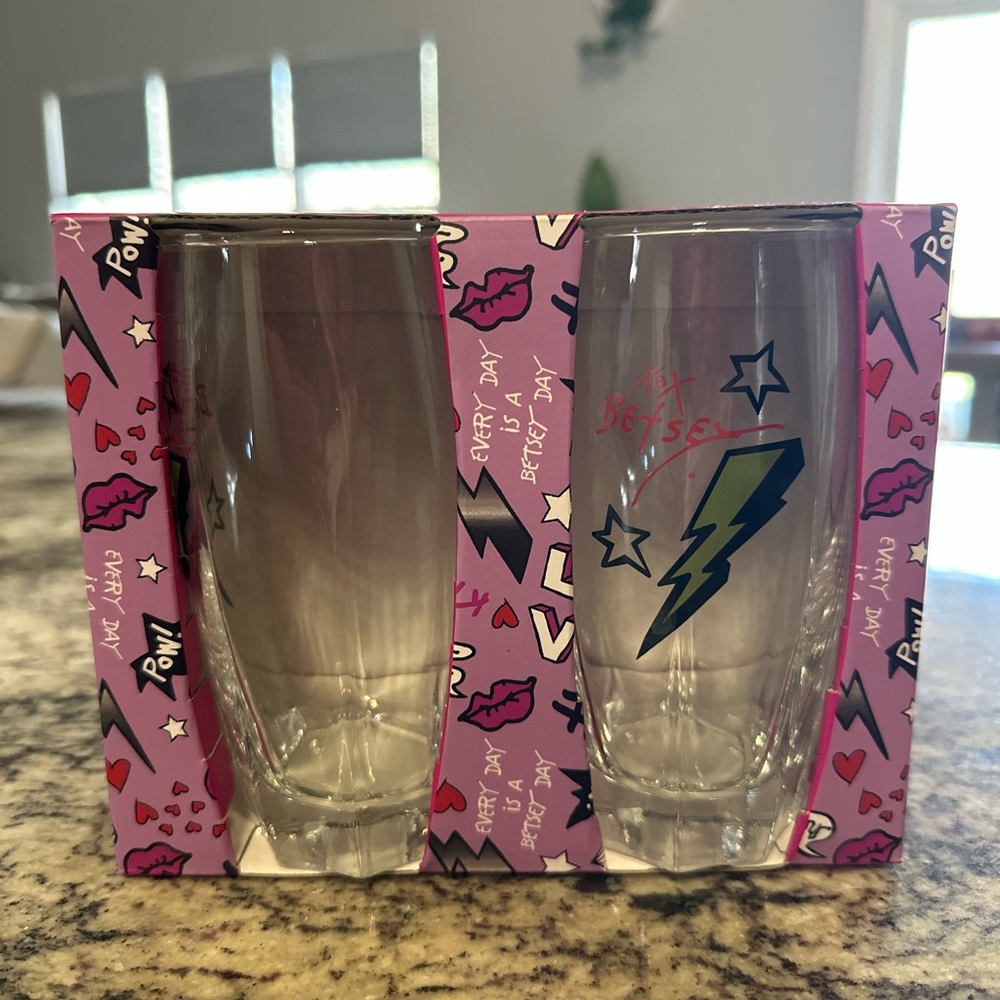 Betsey Johnson Highball Glasses Set of 2 Rock n’ Roll Lightning Bolt & Stars New